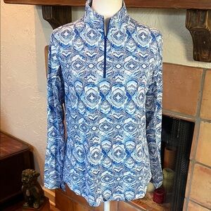 Ibkul Blue and White Print 1/4 Zip Vented Top, size M